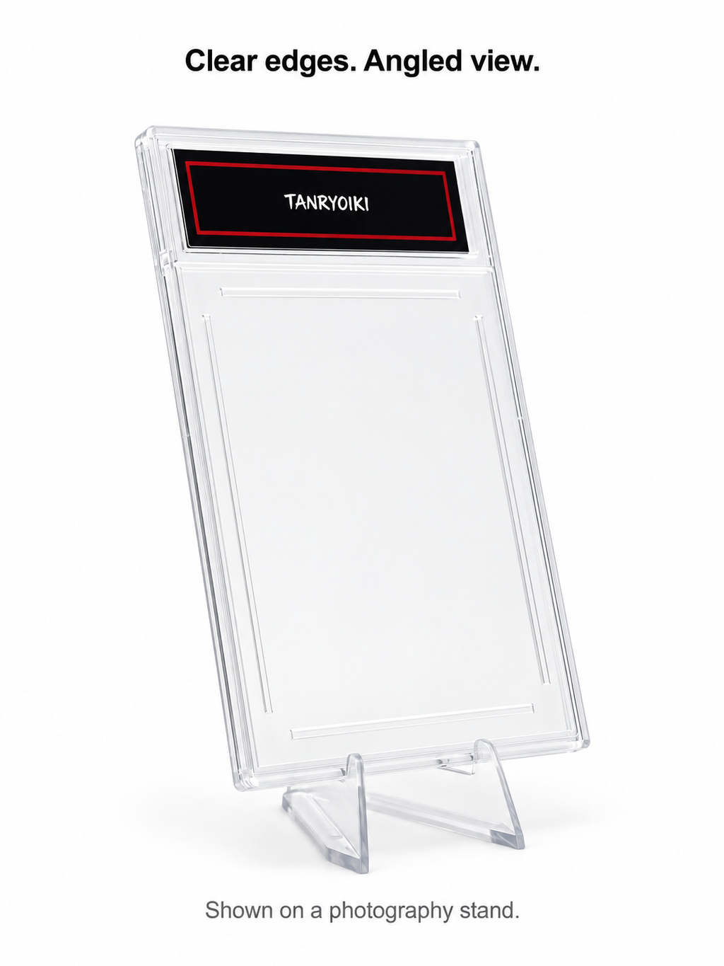 Angled view of TANRYOIKI clear trading card display case with included stand